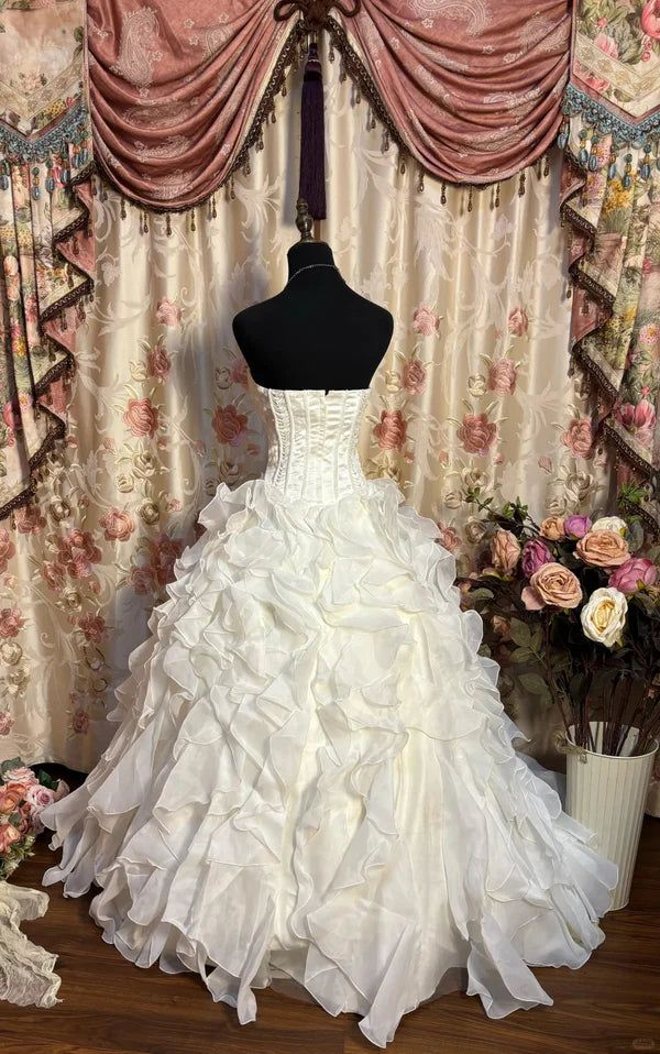 Ivory A-Line Long Prom Dress Ruffle Birthday Ball Gown Evening Dress J8207