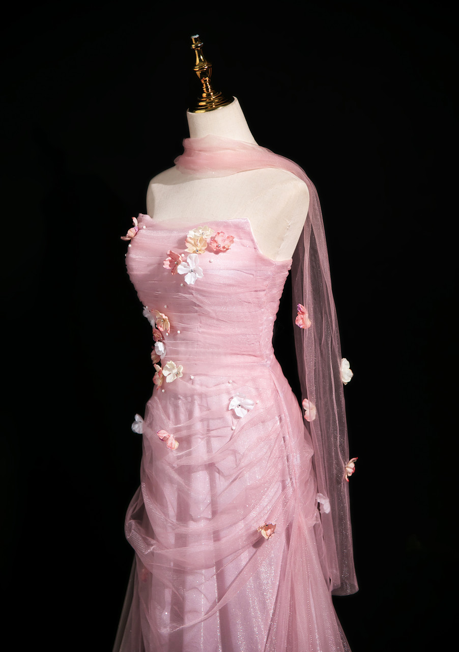Robe de bal longue rose sirène en tulle sans bretelles et fleurs J8158