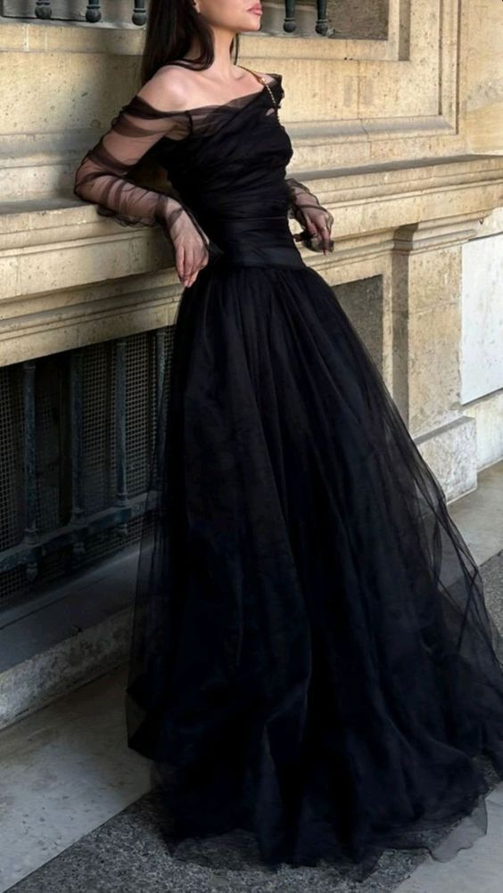 A Line Off The Shoulder Tulle Black Long Prom Dress J8324