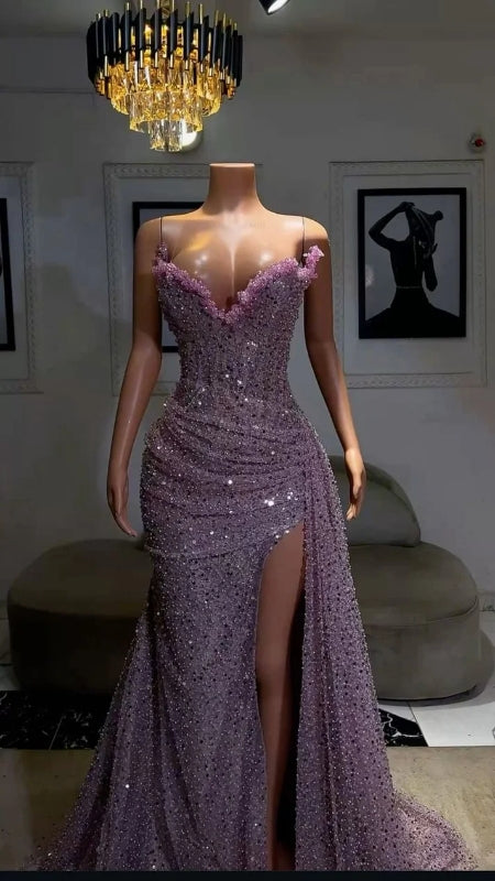 Purple High Split Evening Dresses Sequin Mermaid Prom Dresses J8307