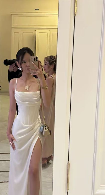 Spaghetti Strap White Sheath Graduation Dress With Slit J9953