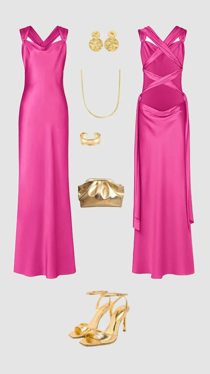 Robe de bal longue rose vif en satin, robe de soirée, J8074