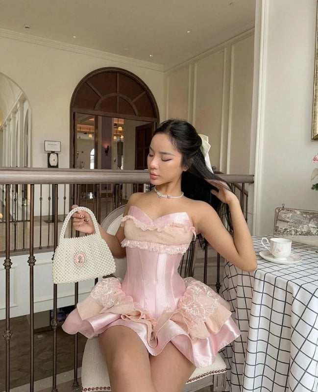 Robe de bal courte rose avec dentelle et décolleté en cœur, mini robe d'anniversaire J8386