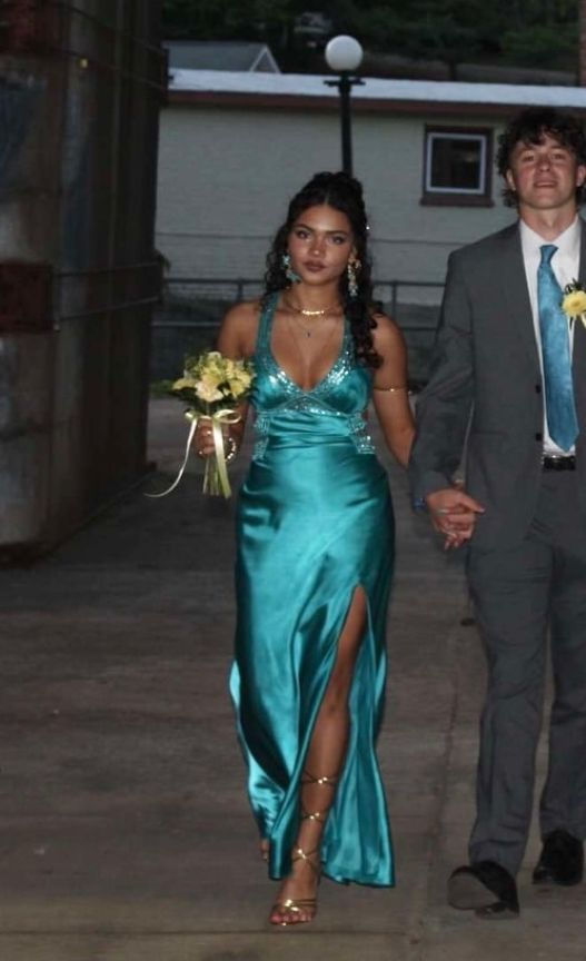 V Neck Blue Long Prom Dress With Slit Satin Formal Evening Dress J8669