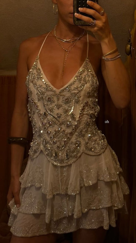 Robe de soirée trapèze à bretelles spaghetti et perles, tenue pour 18e anniversaire, J8656
