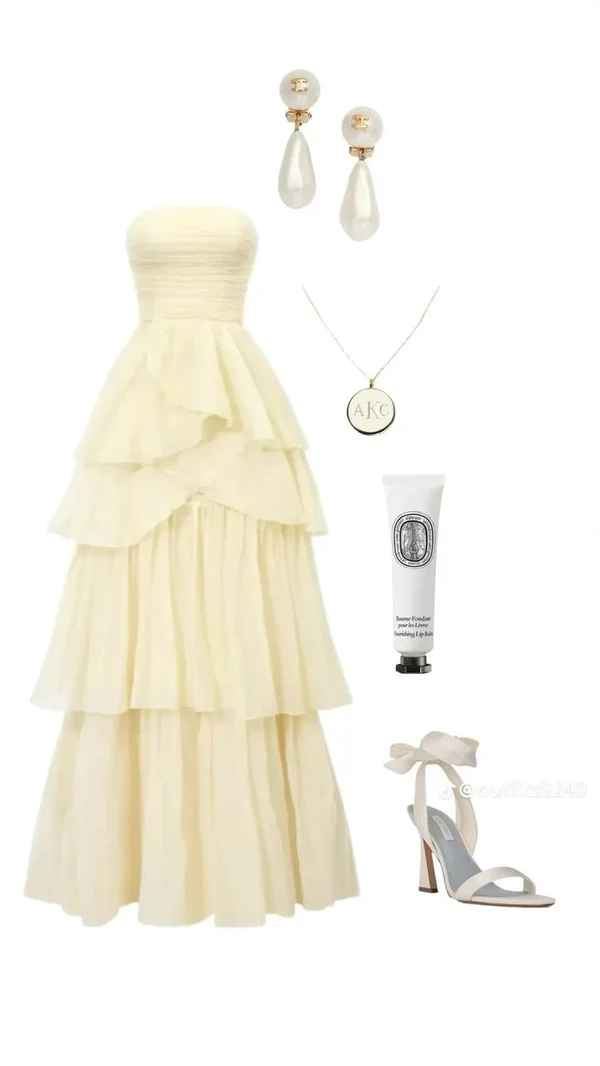 Strapless Light Yellow A Line Long Prom Dress Ruffle Evening Dress J8087