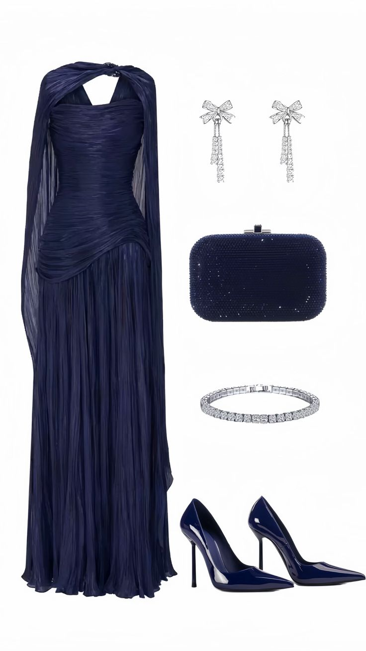 Robe de soirée plissée bleu marine coupe trapèze, robe de soirée formelle et modeste J8173