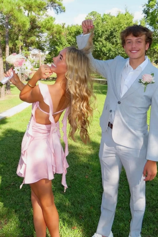 Erröten Rosa Rüschen Strap Mini Homecoming Kleid Kurzes Partykleid J8370