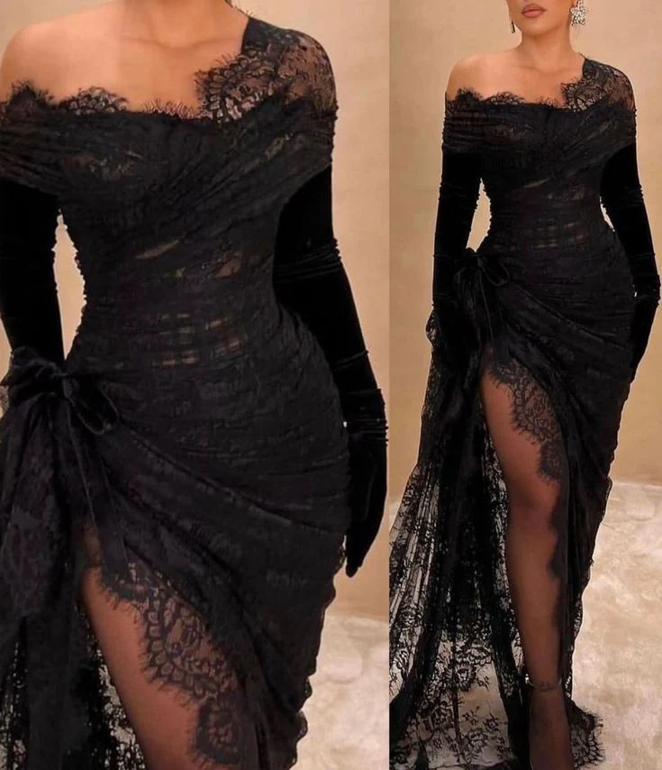 Robe de soirée noire en dentelle à manches longues, robe d'anniversaire sexy J8744
