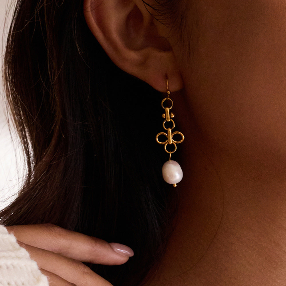 Pearl Gold-tone Stainless Steel Long Earrings G23