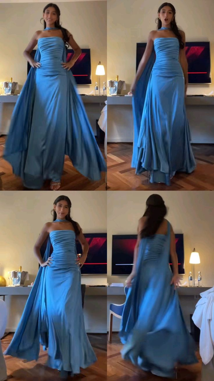 Strapless Blue A Line Satin Long Prom Dress Formal Party Dress J2877