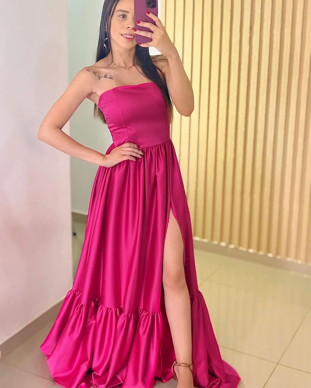 Strapless Hot Pink A Line Satin Prom Dress With Slit J2981