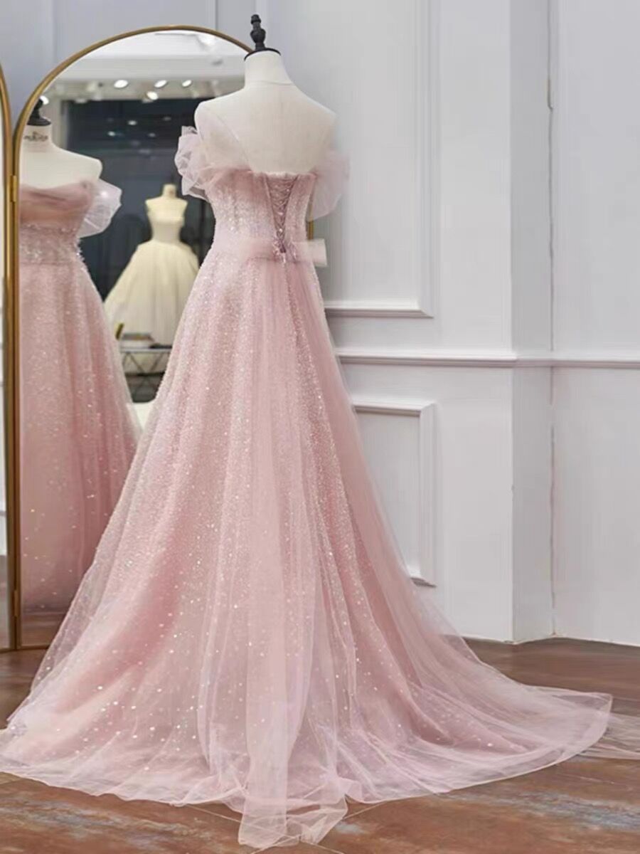 Rosa A-Linie Tüll Langes Ballkleid Glänzendes Geburtstagspartykleid J3074