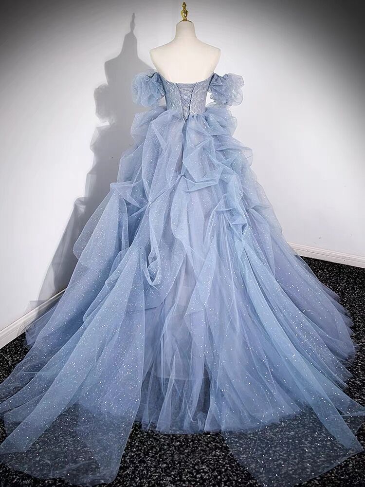 Trägerloses blaues A-Linien-Ballkleid aus Tüll J3076
