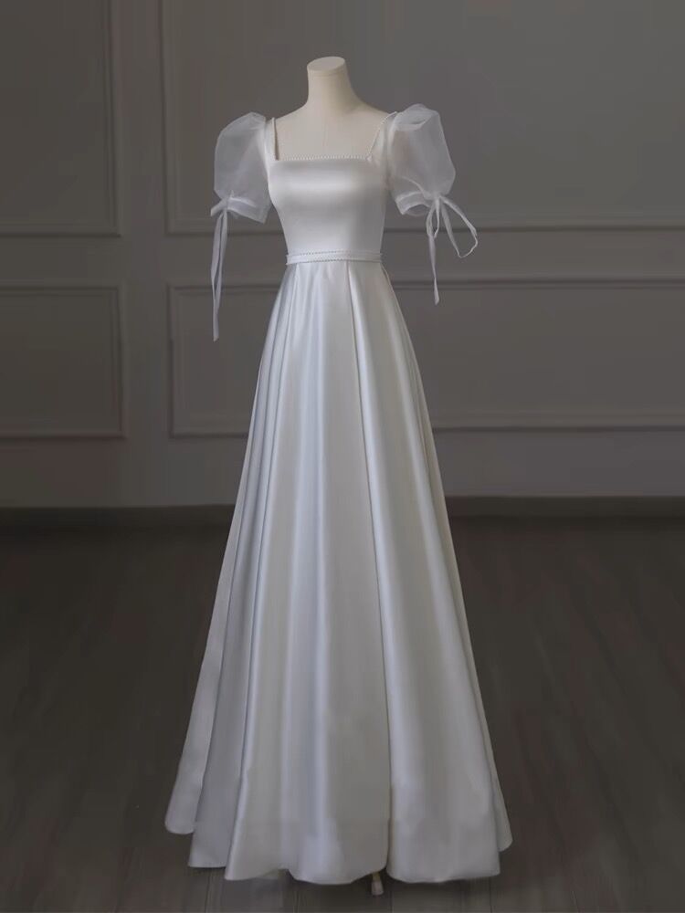 Robe de mariée longue en satin blanc, élégante, coupe trapèze, J3077