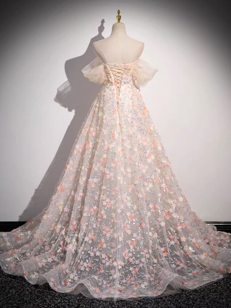 Off The Shoulder A Line Flora Prom Dress Sweet Birthday Party Dress J3081