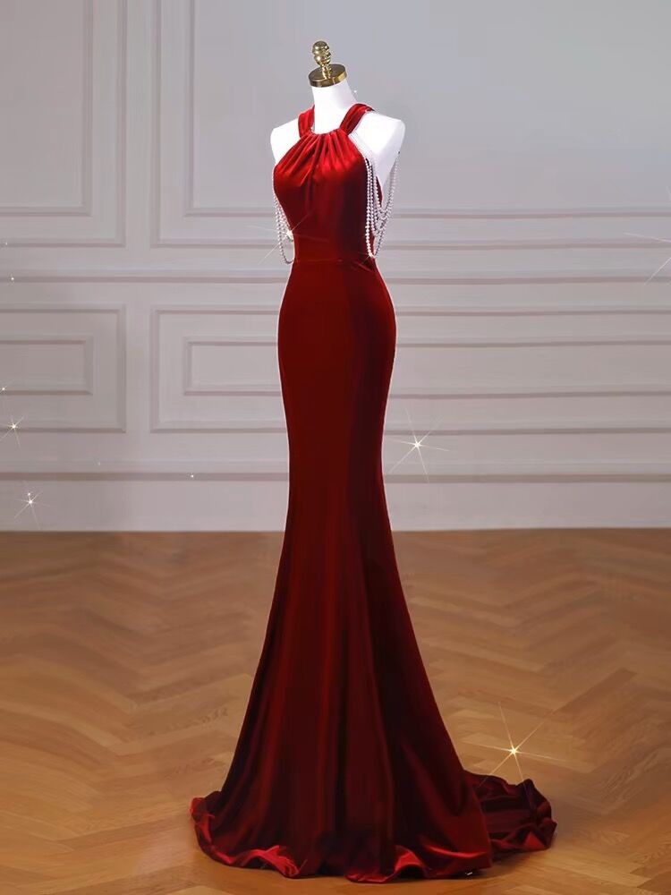 Robe de soirée longue en velours rouge style sirène J3084