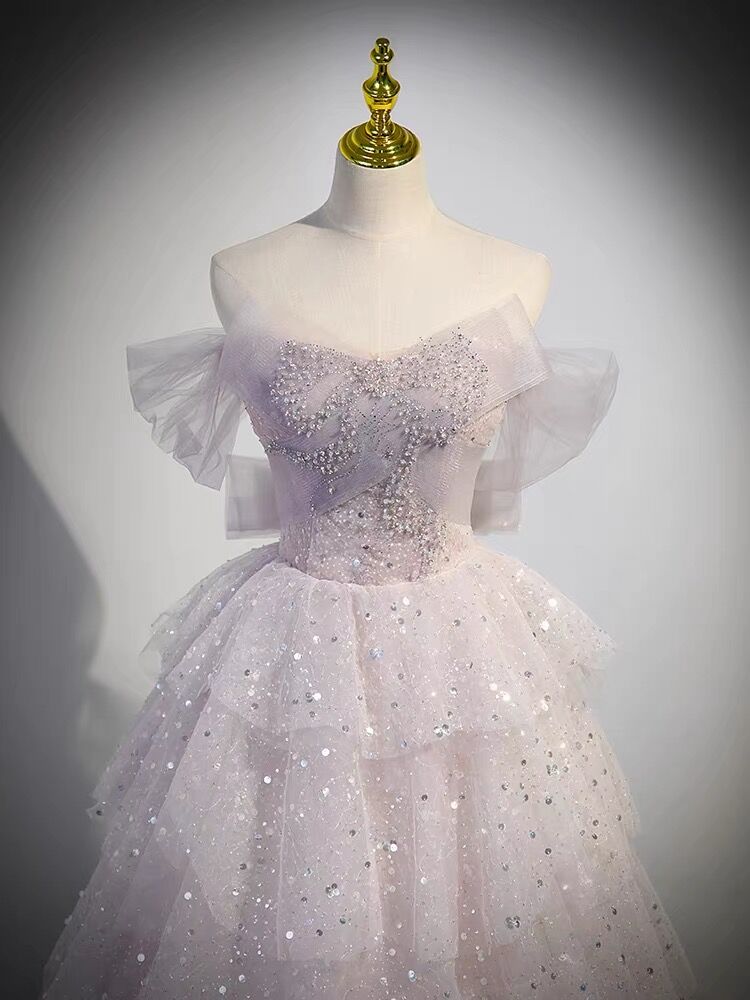 Robe de bal longue rose clair en tulle brillant, coupe trapèze, tenue de fête d'anniversaire, J3085
