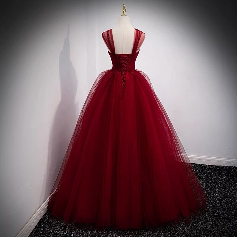 A Line Burgundy Tulle Long Prom Dress Birthday Party Gown J3092