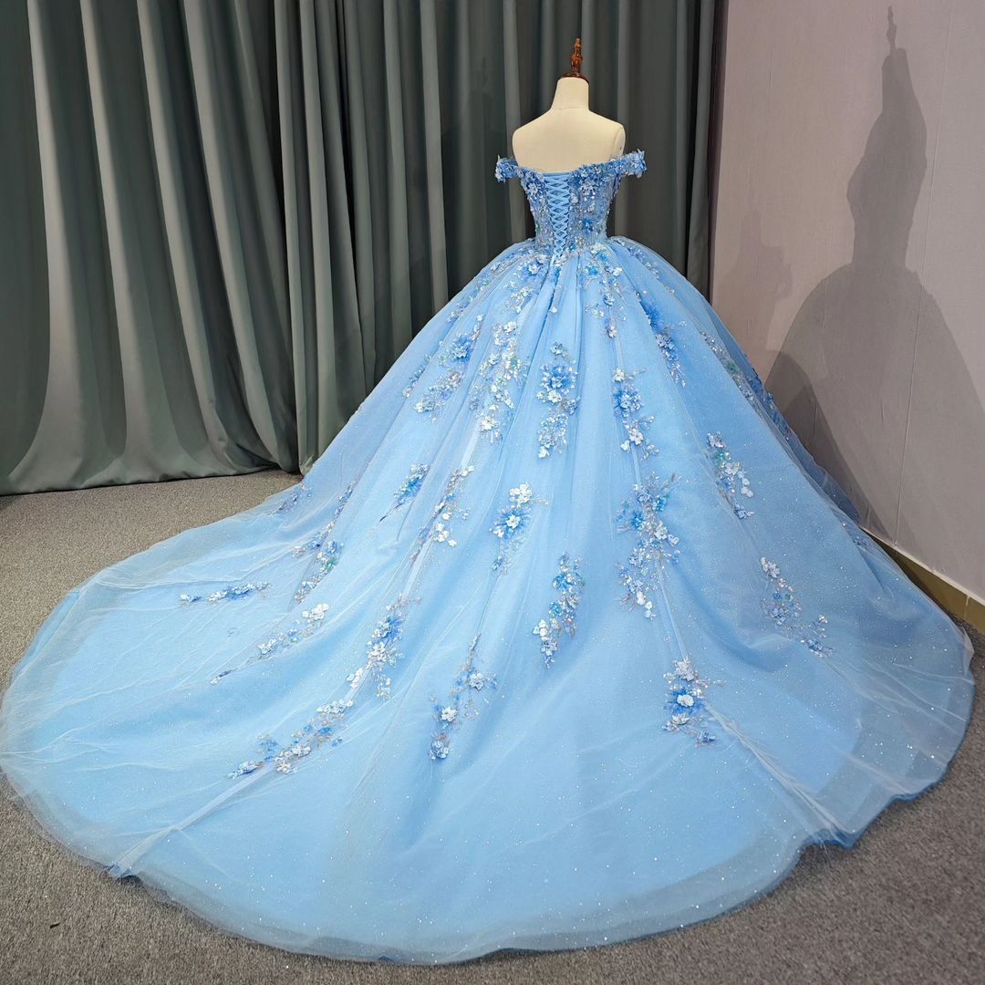Robe de soirée bleue à épaules dénudées pour 16 ans J3103