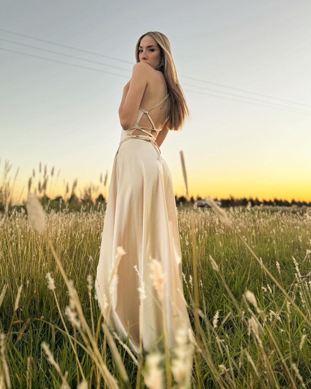 Champagne A Line Satin Long Prom Dress With Slit J3121