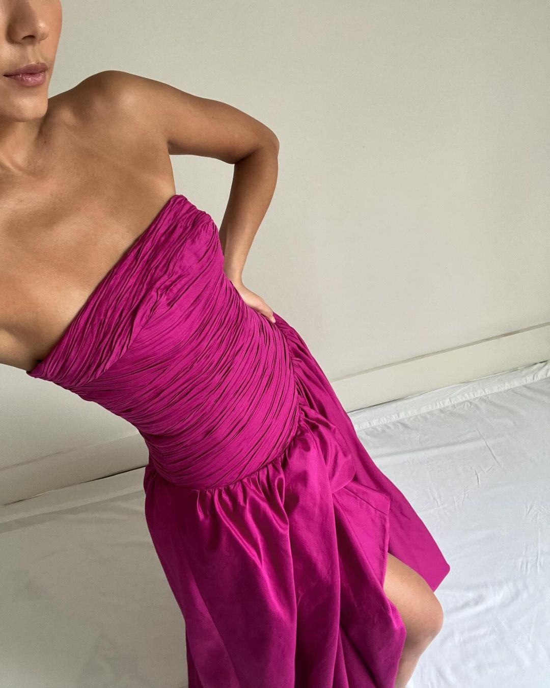 Robe de bal longue bustier fuchsia coupe trapèze, tenue de soirée formelle J3150