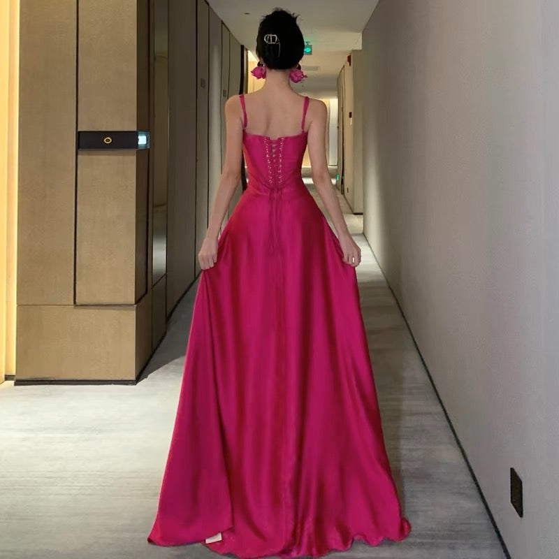 A Line Satin Rose Red Long Prom Dress Formal Party Dress J3155
