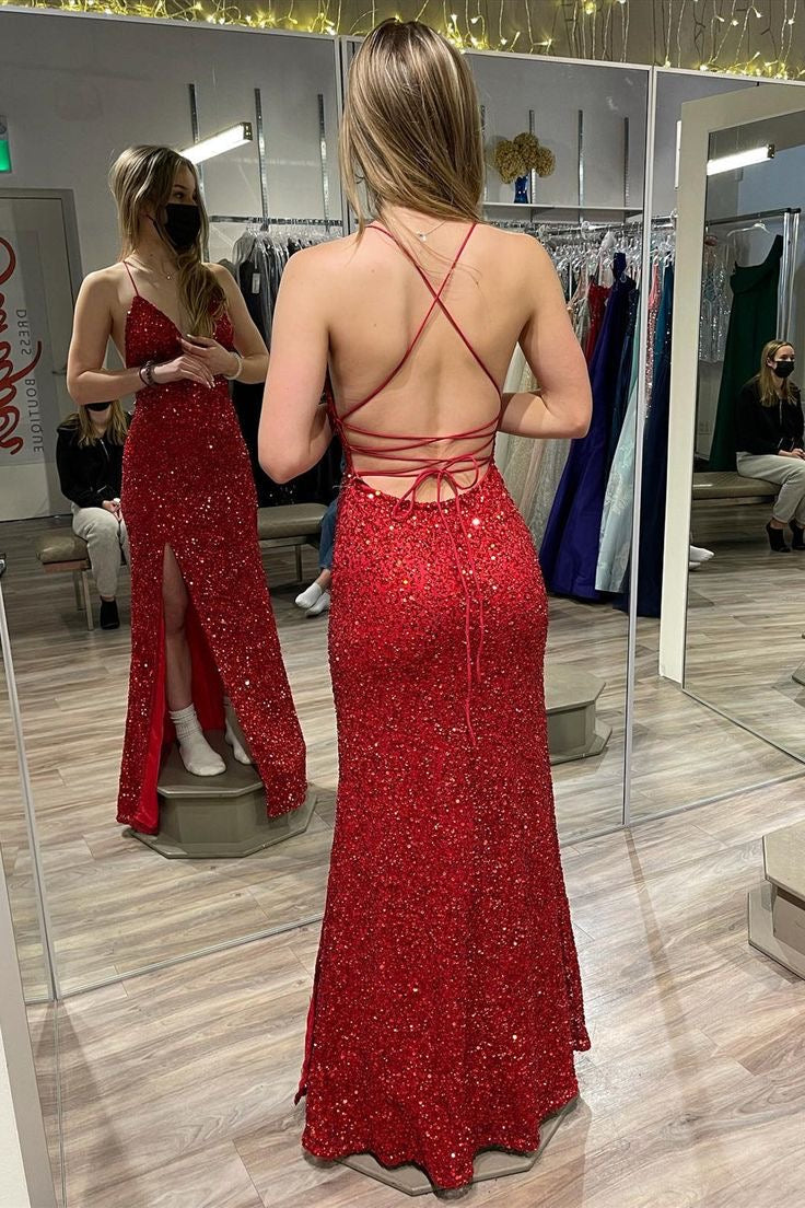 Backless Sheath Red Sequin Long Prom Dress J3158