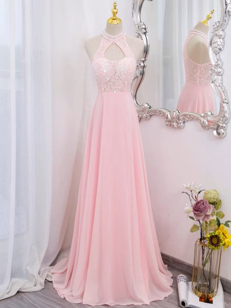 Rosa Neckholder A-Linie Chiffon Langes Ballkleid J3187