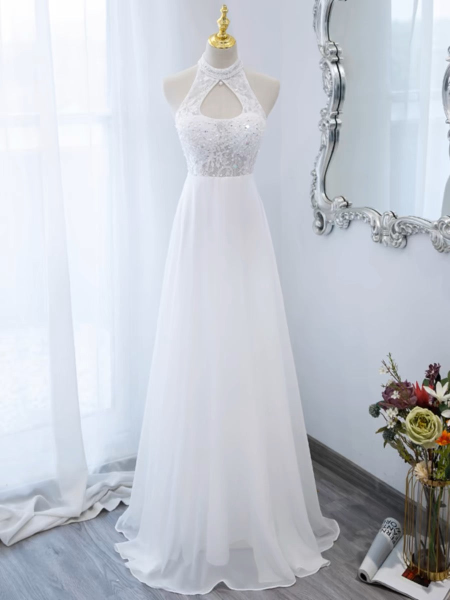 Blaues Neckholder-A-Linien-Chiffon-Ballkleid J3188