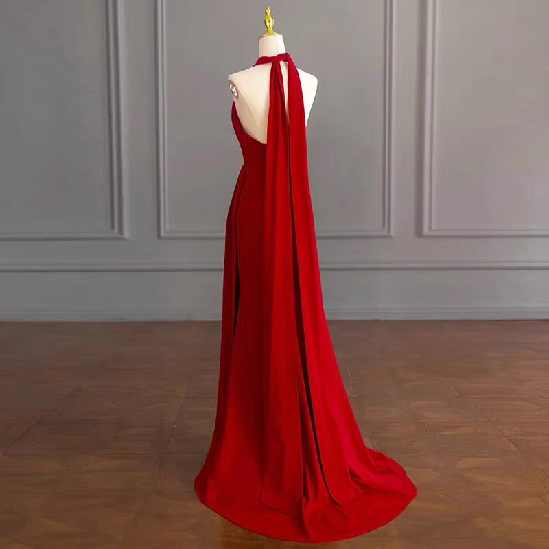 Robe de bal longue rouge en mousseline de soie, coupe trapèze, élégante robe de soirée J3191