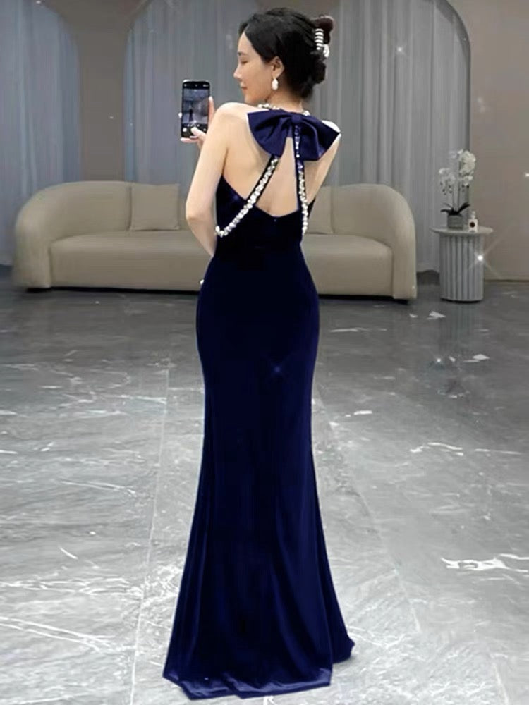 Robe de soirée longue sirène bleu marine élégante J3192
