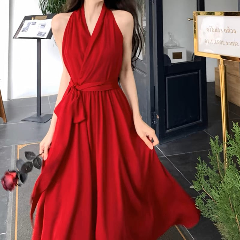 Rotes langes Ballkleid mit V-Ausschnitt und A-Linie J3194