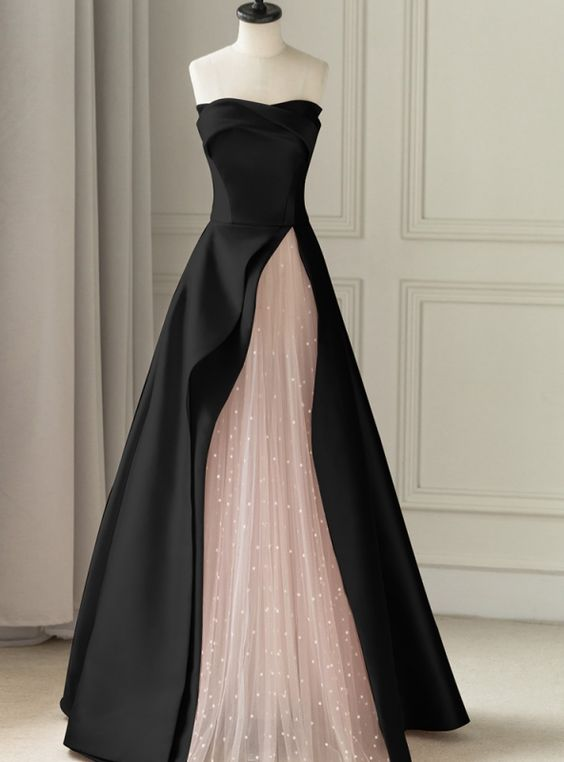Robe de bal longue noire bustier coupe trapèze, robe de fête d'anniversaire J3216