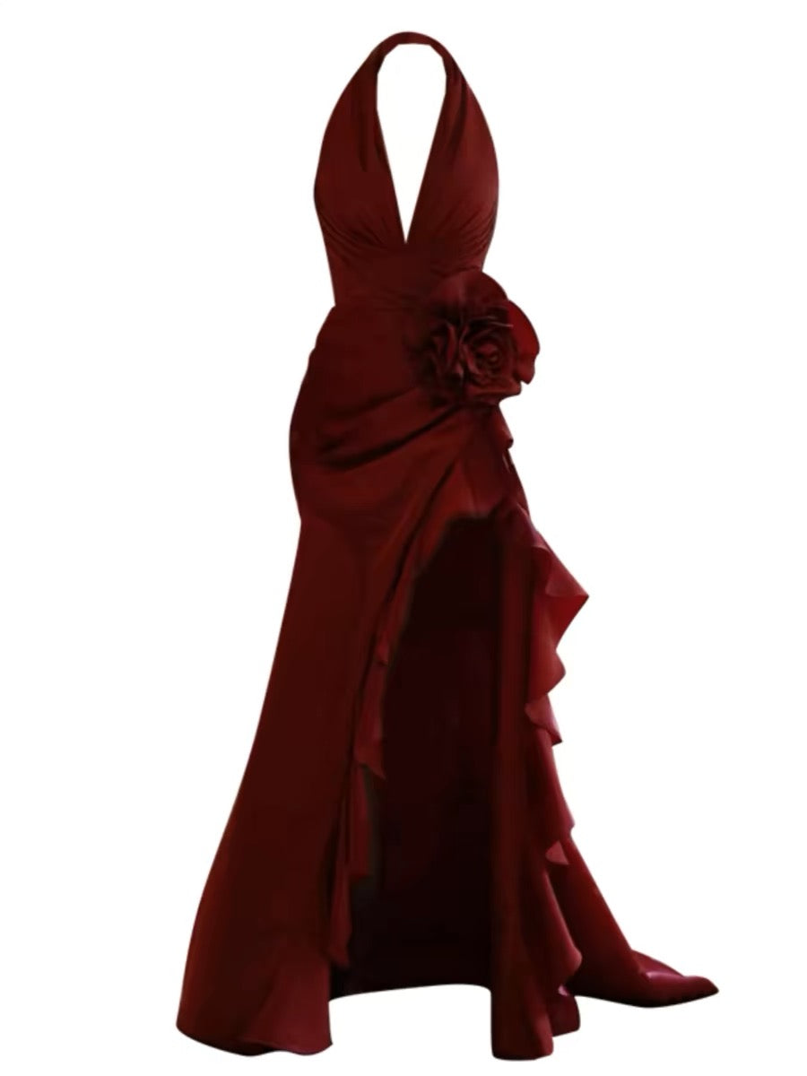 Robe de bal longue sirène bordeaux à dos nu et fente J3218