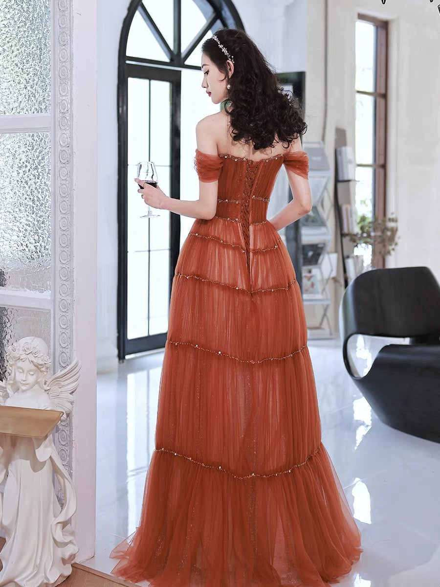Robe de bal trapèze en tulle rouge rouille à épaules dénudées, robe de fête d'anniversaire J3220