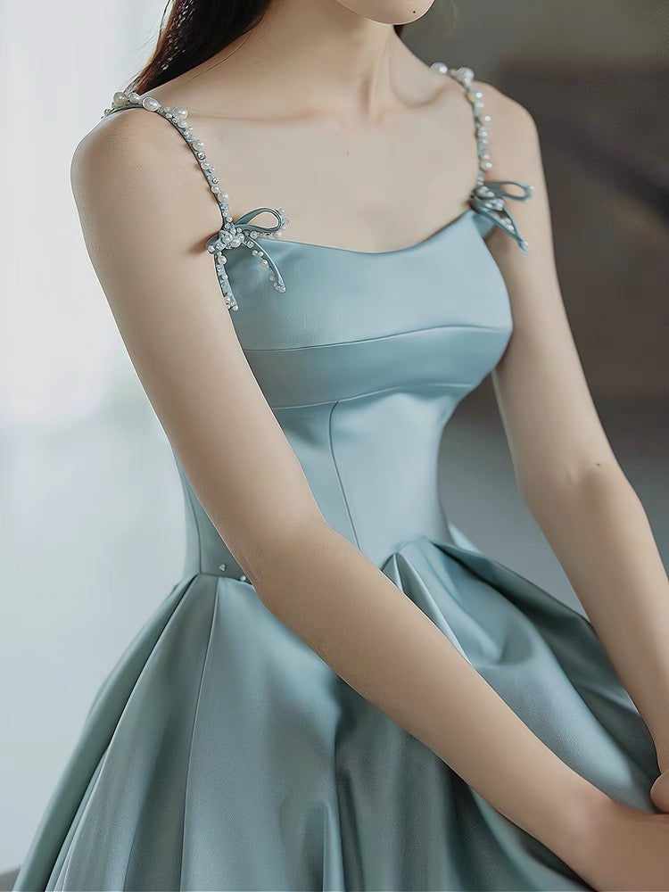 A Line Blue Satin Long Prom Dress Formal Party Dress J3242