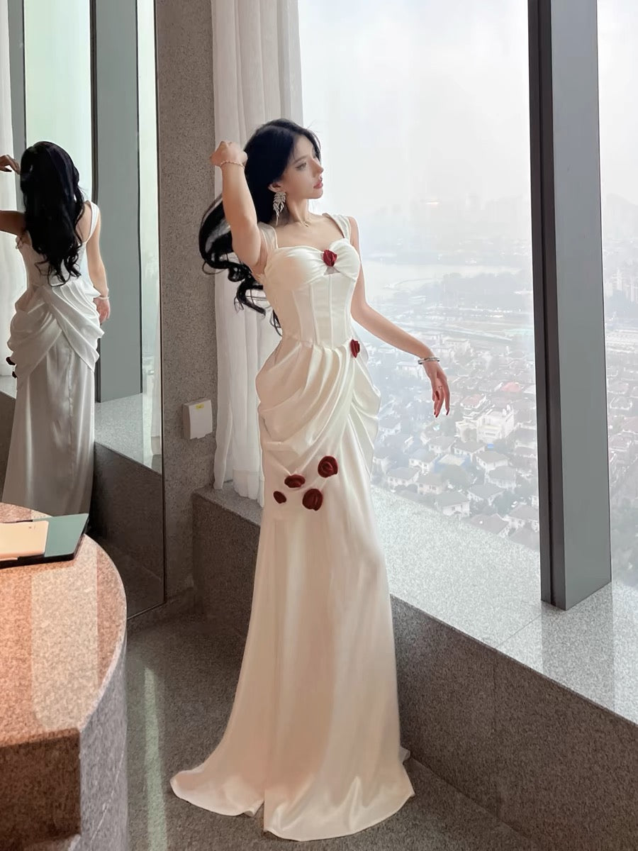 White Satin Sheath Long Prom Dress Birthday Party Dress J3247