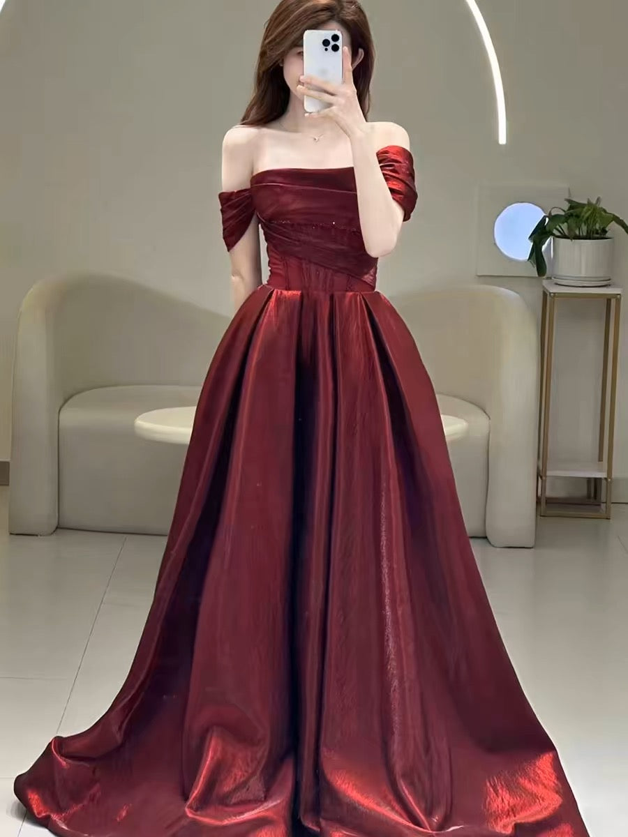 Schulterfreies, langes Ballkleid in Burgunderrot, formelles Partykleid J3250