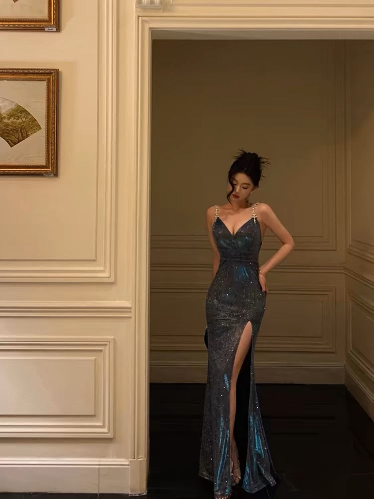 Robe de soirée longue et brillante à col en V, fourreau, robe de soirée formelle J3257