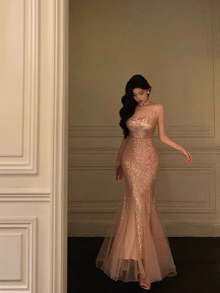 Robe de soirée longue sirène à paillettes or rose J3259