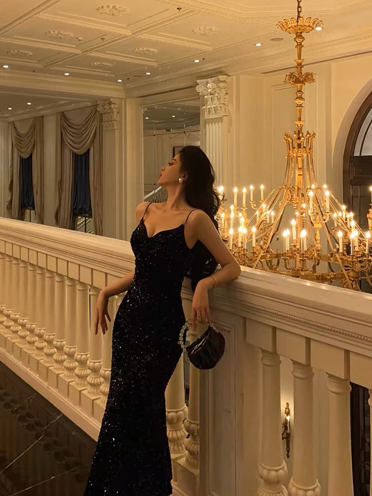 V-Ausschnitt Schwarzes Pailletten Langes Ballkleid Meerjungfrau Abend Partykleid J3264