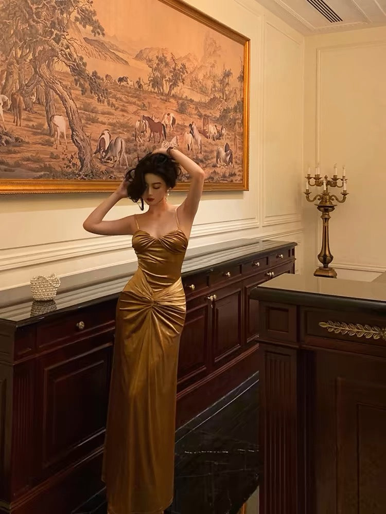 Robe de bal longue dorée coupe trapèze, robe de soirée formelle J3274