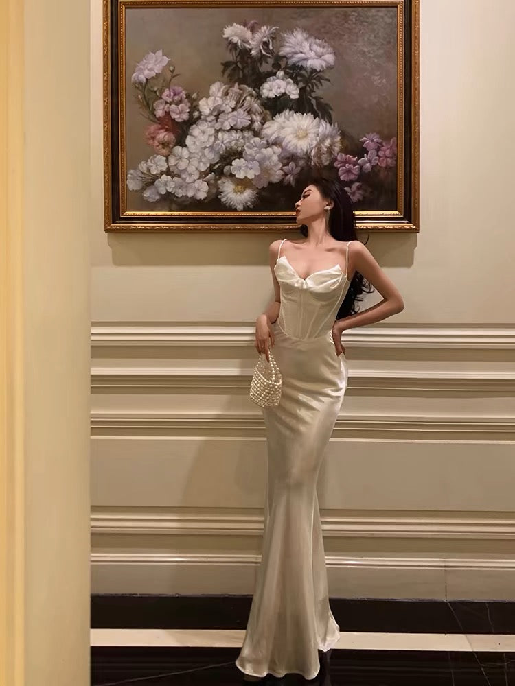 Robe de bal longue en satin ivoire, robe de soirée formelle J3275