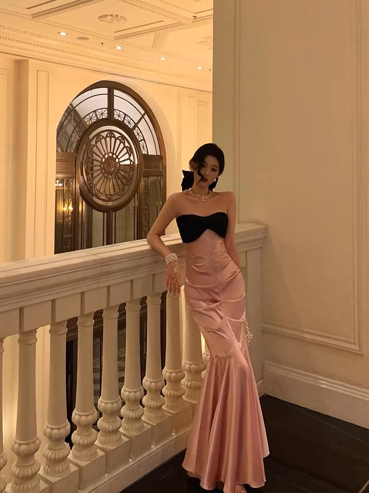 Robe de bal longue sirène rose sans bretelles, robe de soirée formelle J3276