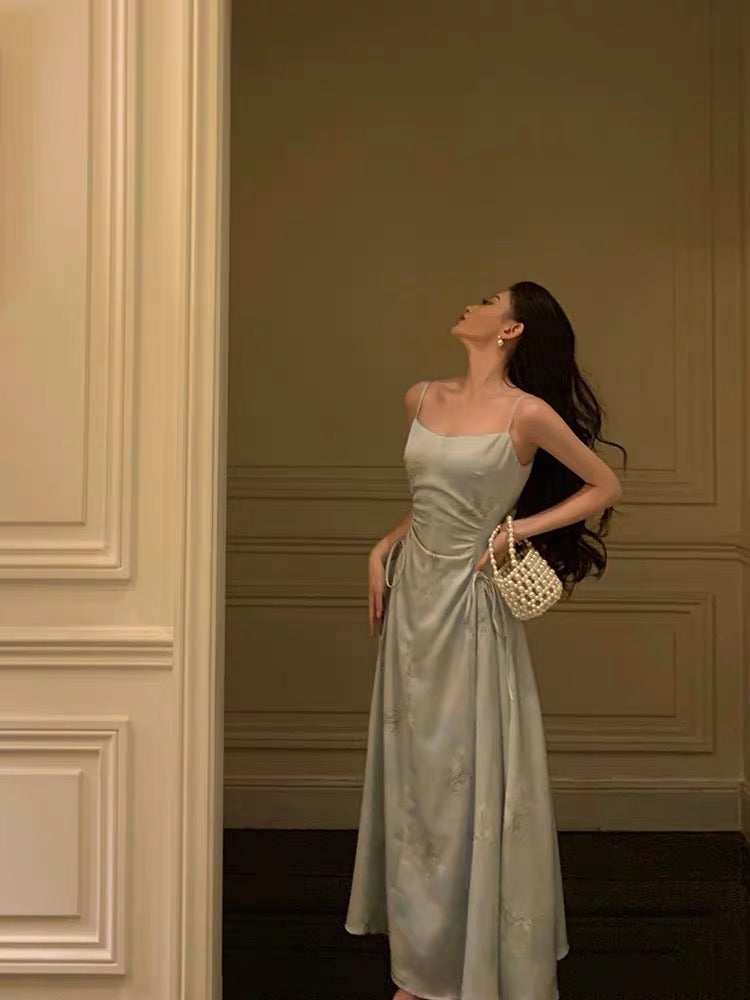 Robe de bal longue en satin imprimé coupe trapèze J3283