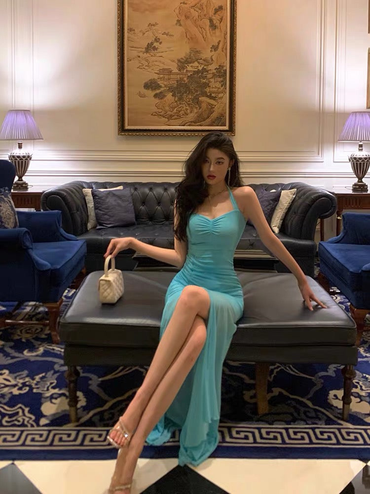 Robe de soirée fourreau longue bleue avec fente J3306