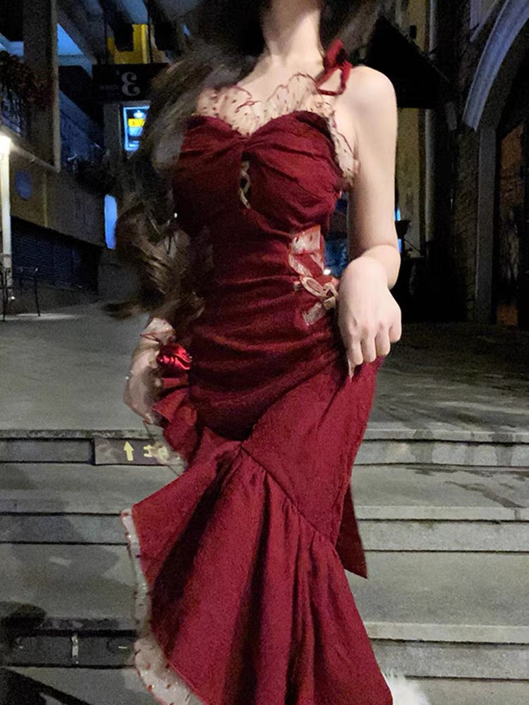 Burgunderrotes Meerjungfrau-Rüschen-Langes Ballkleid Formales Partykleid J3347