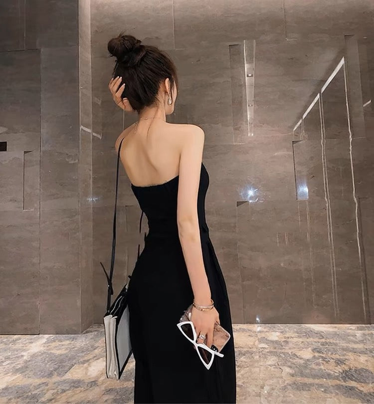 Robe de bal longue noire bustier coupe trapèze J3371