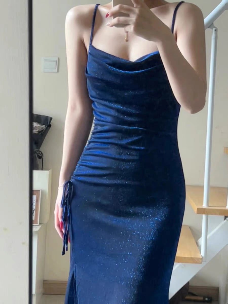 Robe de soirée longue sirène bleu marine brillante J3376